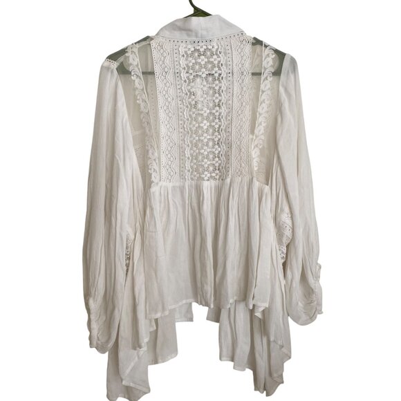 Neiman Marcus White Lace Embroidered Cardigan Cottagecore L Boho Balloon Sleeves - Picture 2 of 15